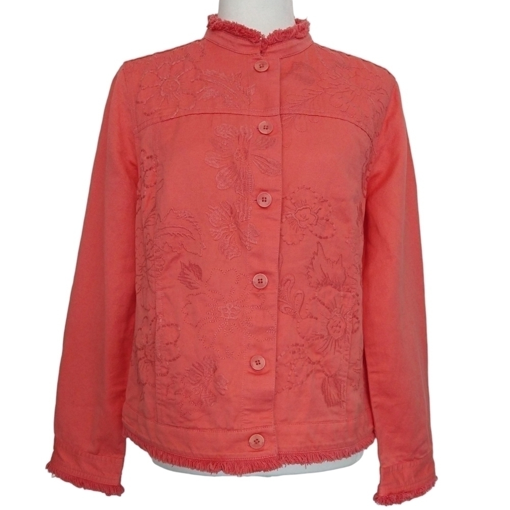Chico's Linen Blend Coral Pink Floral Embroidered Button-Up Jacket Fringe Trim